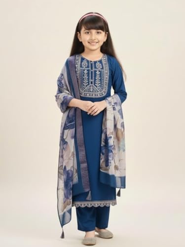 Image of Girls Ethnic Embroidered Silk Kurta Pant and Jacquard Dupatta Set | Kids Salwar Suit | three piece Traditional Outfit