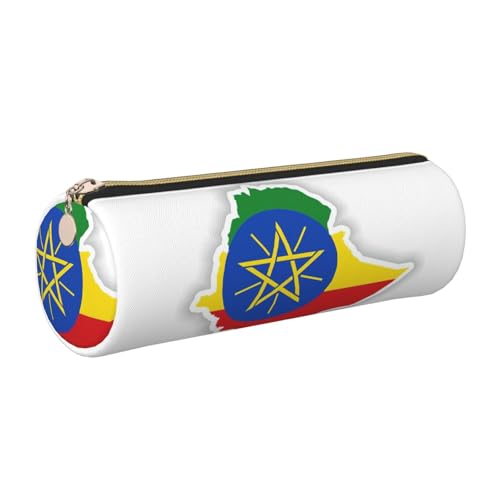 Estuche de piel con diseño de mapa de la bandera de Etiopía, ecológico, piel de grano cruzado, cremallera suave, soporte cilíndrico de gran capacidad, Gold, Talla única, Tarjetero