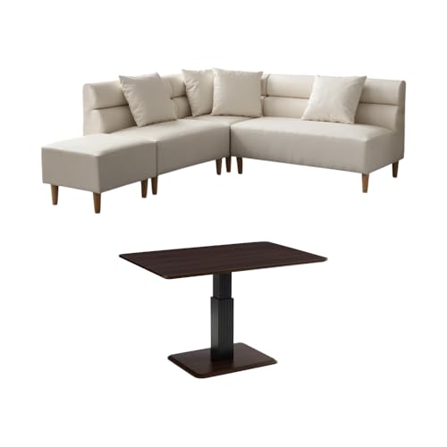 SHUNOVO ダイニングソファーテーブルセット ダイニングソファ 4人 l字 レザー 昇降式テーブル カウチソファー 3人掛け 撥水 防汚 ソファセット オットマン スツール 合皮 コーデユロイ 布 脚付き ゆったりサイズ ローソファ (アイボリーxダー