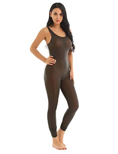 ACSUSS Womens One Piece See Through Sheer Lingerie Zipper Crotch Leotard Bodysuit Coffee One Size