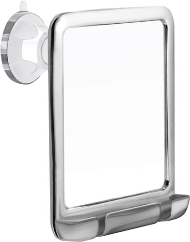 Mirrorvana Miroir de Douche antibuée avec Porte Rasoir, Miroir de Rasage incassable avec Ventouse pour Salle de Bain, 20 cm x 18 cm (Chrome)