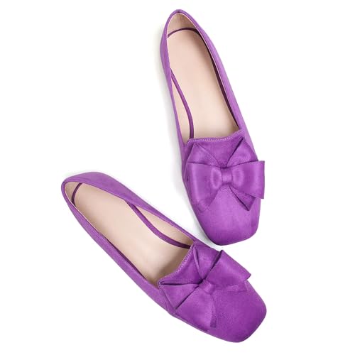 Image of WENJIAZHIZHI Square Toe Bow Ballet Slip-On | Classic Suede Finish,Chic Bow Detail,Effortless Everyday Style,Wedding Party Office,Plus Size Available