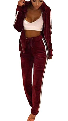 TOP-MAX Women's Velour Stripe Jogging Zipped Hoodie, Fashion Sport Suit, Hoodie and Pants