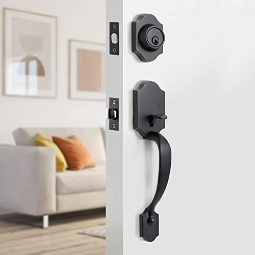 Natsukage Front Door Handle Heavy Duty Entry Lock Matte Black Entrance Set With Single Cylinder Deadbolt and Knob Handle, Reversible for Right & Left Handed Doors