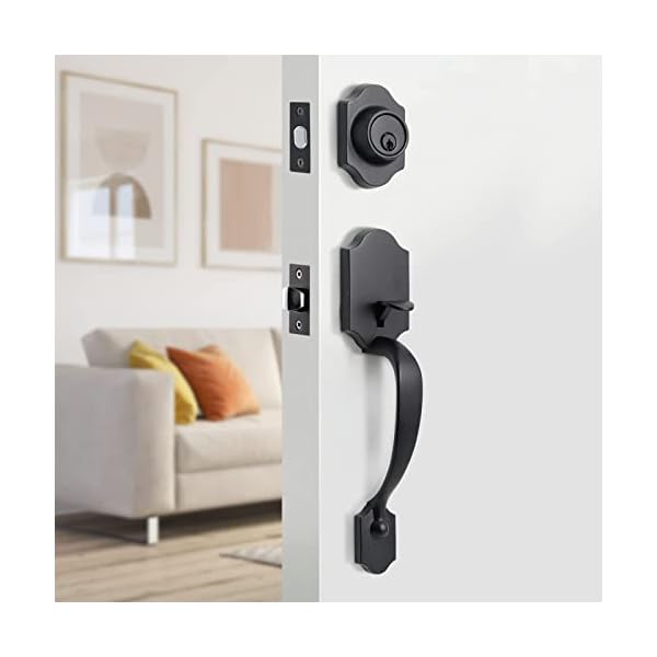 Natsukage Front Door Handle Set Heavy Duty Entry Door Lock Set Matte Black Entrance Handle Set with Lock, with Single Cylinder Deadbolt and Knob Handle, Reversible for Right & Left Handed Doors