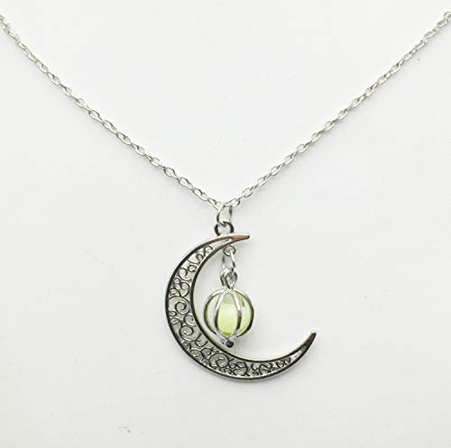 EEQQBZ Glow in The Dark Silver Crescent Moon and Orb Necklace - Glowing Blue Moon Charm - Magical Fantasy Fairy Glowing Necklace - Glow Jewelry (sky blue)