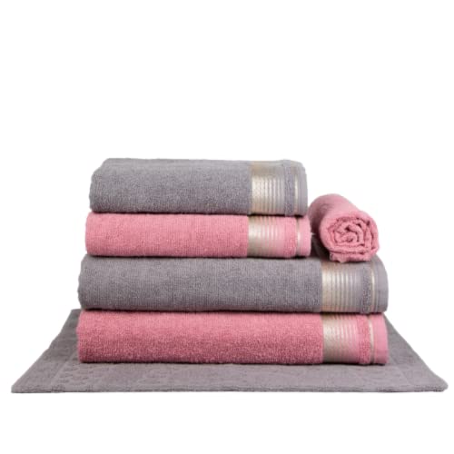 Jogo De Toalhas Gigante Super Absorção - 6 Peças Berlim 100% Algodão (Gris + Rosa Crochê)