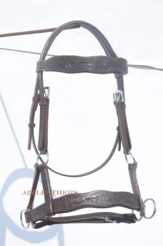 Briglia laterale marrone bitless con intaglio a mano su sopracciglia e nasello a forma di curva