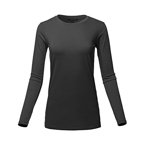 Basic Solid Soft Cotton Long Sleeve Crew Neck Top Shirts Black L Cover