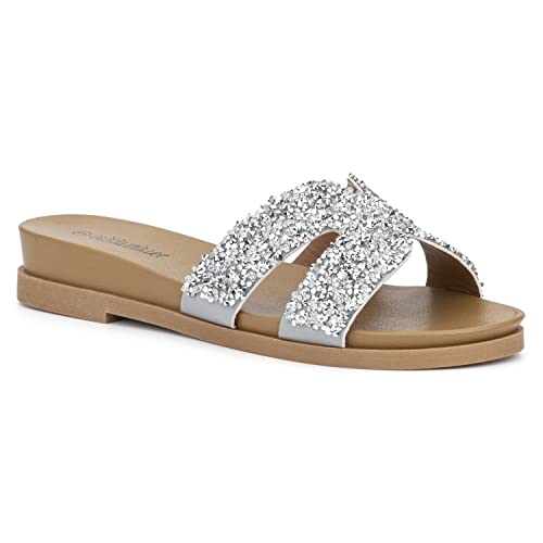Olivia Miller Women’s Fashion Ladies Shoes, Sara PU Vegan Leather & Rhinestones Double Strap Cutout Band Slip On Open Toe Trendy Casual Summer Slide Flat Sandals