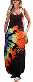 Bluetime Ladies Dresses Casual Comfy Ligweight Sexy V-Neck Sleeveless Tie Dye Flare Boho Maxi Dress(Black Rainbow,M)