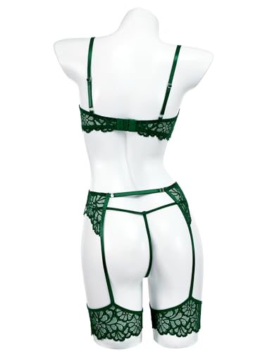 Avidlove Women's Sexy Lingerie Set with Garter Belt Matching Bra and Panty Lingeries Sets 3 Piece Green — view 3