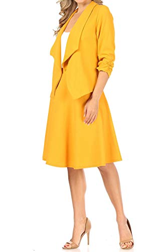 Women's Two-Piece Suit Set – 3/4 Sleeve Fitted Blazer and Midi Skirt3