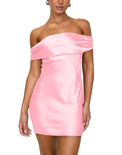 HYPERFIRE Women's Satin Off The Shoulder Mini Dress Tie Back Party Cocktail Dresses