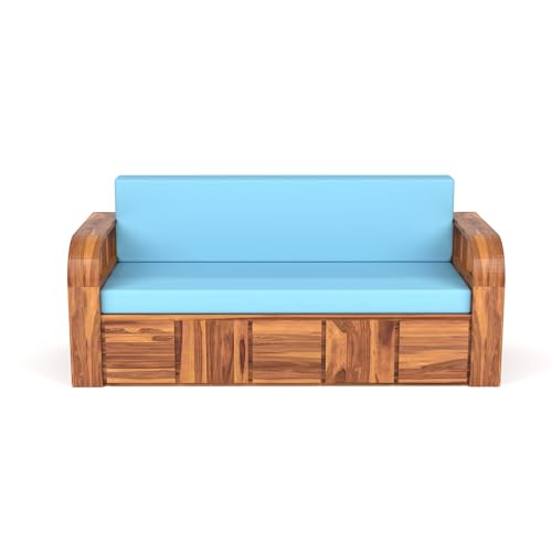 Image of Mamta Furniture Sheesham Wood Sofa Cum Bed with Storage for Living Room Bedroom | Wooden Diwan Sofa Set with Cushions and Blue Mattress Support | Honey Finish