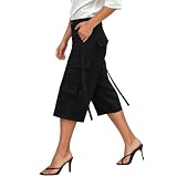 Generisch Cargo Shorts Damen Kurze Hose Capri Cargohose 3/4 Länge Hose mit Kordelzug Elastischer Bund lockere Freizeithose Sommerhose Leichte Stoffhose mit Taschen für Frauen