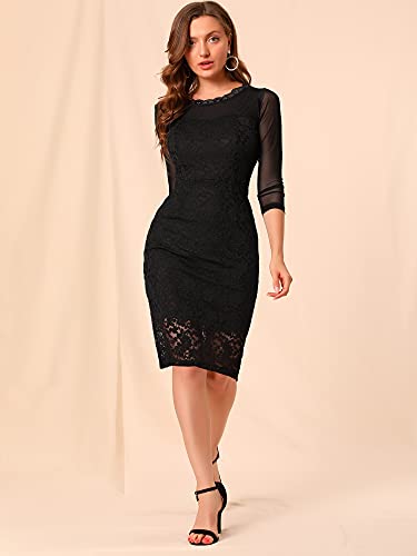 Allegra K Women's St Patrick's Day Elegant Mesh Sheer Long Sleeve Stretch Knit Floral Lace Bodycon Dress Small Black #TOP2