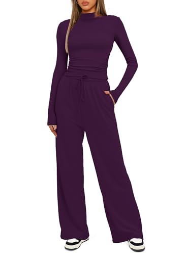 Darong Women's 2 Piece Lounge Set Fashion Travel Outfits Vacation Tracksuit Comfy Wide Leg Airport Loungewear 9211 Dark Purple S