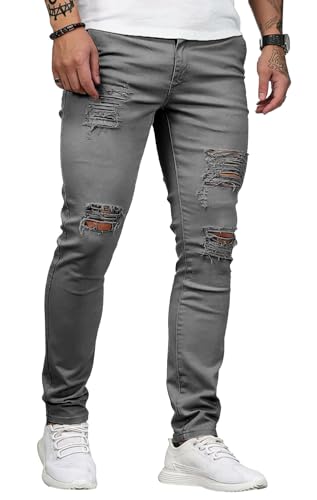 Image of HUNGSON Men's Blue Slim Fit Jeans Stretch Destroyed Ripped Skinny Jeans Side Striped Denim Pants