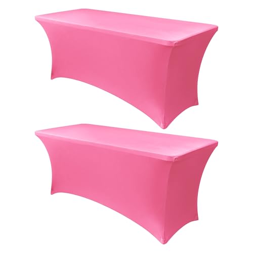 Image of Obstal 4Ft Stretch Spandex Table Cover for Standard Folding Tables - 2 Pack Universal Rectangular Fitted Tablecloth for Party, Banquet, Events, Trade Show (Dark Pink, 48L x 24W x 30H Inches)