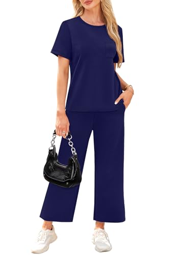 Image of WIHOLL 2 Piece Sets for Women Casual Summer Travel Vacation Outfits Short Sleeve Wide Leg Crop Pants Lounge Sets