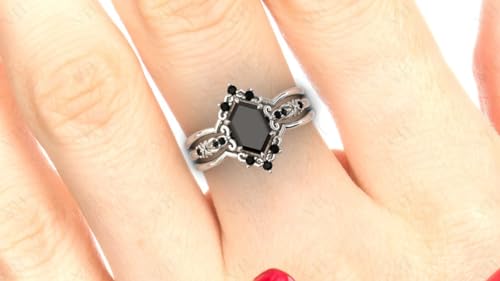 Vintage 1.5 CT Dutch marquise Shaped Black Onyx Engagement Ring Set 14k Gold Black Onyx 3 pcs Wedding Ring Set For Women Art Deco Bridal Anniversary Ring Set Promise Ring Perfact for Gifts2
