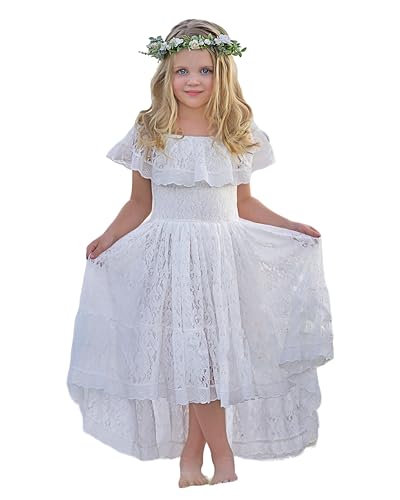 Girls Boho Dress Off Shoulder Lace Ruffle Dresses Asymmetry Flower Girl Dress for Wedding Holiday Beach Party