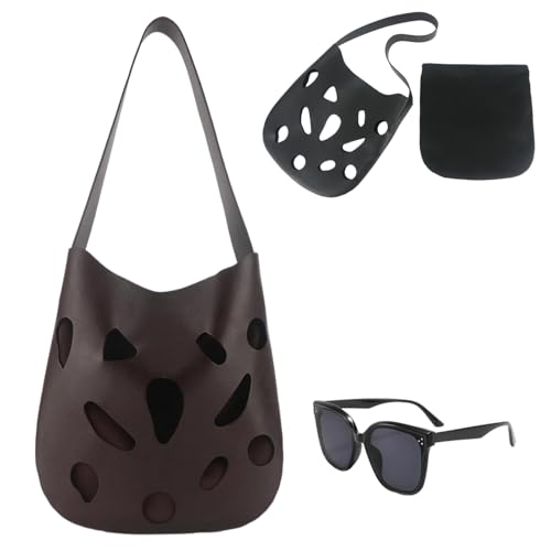 Stylish Perforated Leather Tote Bag, Retro Large Capacity Shoulder Bag, Handbag with Detachable Pouch for Daily Office