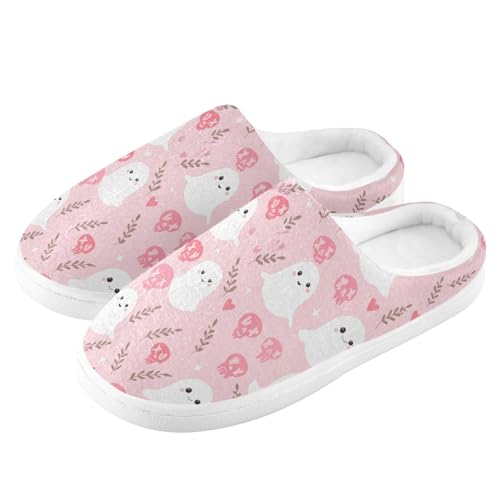 House Fuzzy Slippers Cute Halloween Ghost Skull Pink Anti-Slip Warm Shoes for Womens and Men A23045104