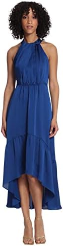 Maggy London Women's Fold Detail Halter Dress with Back Neck Tie and Tiered High-Low Skirt, Sodalite Blue, 8