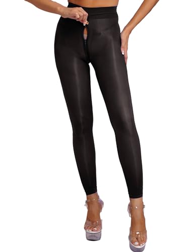 QinCiao Women's Oil Glossy Tights Pantyhose Zipper Crotch Leggings Stocking Smooth Bodystocking Black&Footless X-Large