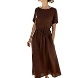 Vestido largo de manga corta para mujer, con lazo en la cintura, silueta larga holgada, adecuado para turnos de oficina, vacaciones de primavera y verano, atuendo casual diario, café, XXL