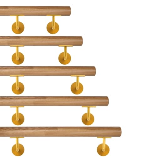 TIBU Corrimano in legno di quercia zincato, 0,3 m – 6 m, lunghezza 120 cm e 2 supporti in acciaio inox, ottone oro