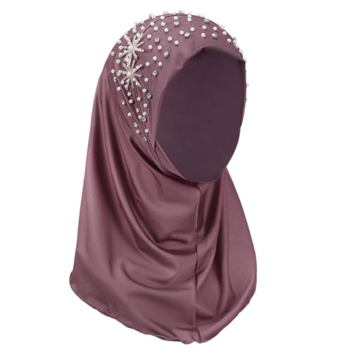 JIAHG One Piece Bling Rhinestone Pearl Hijab Scarf for Women Muslim Plain Color Long Instant Turban with Flower Tassel Accent4