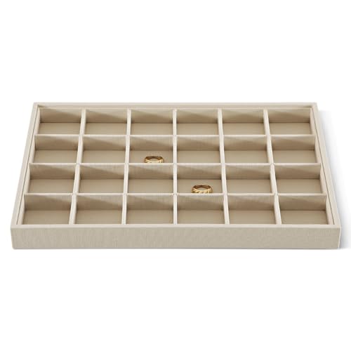 Linen 24 Grid Stackable Rings Earrings Display Tray, Brooch Ear Stud Cufflinks StorageTray, Jeweler Shop Counter Showcase Table Top Organizers, Makeup Table Drawer Insert Jewelry Tray
