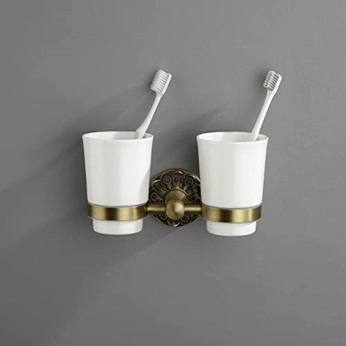 Lucyound Antique Gold Double Toothbrush Holder, Wall Mounted Toothbrush Holder With Cups For Bathroom, Vintage Decorative Bathroom Accessories, Ceramic And Brass Petal-Relief Series #TOP1