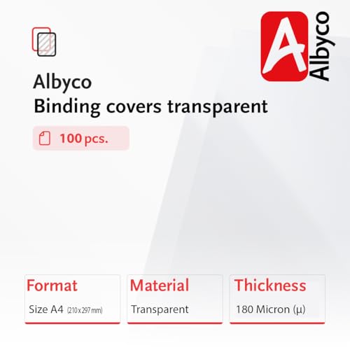 Albyco Klarsicht Einbanddeckel, Deckblatt, PVC Deckblätter, Klarsichtfolie - Transparent PVC, Format DIN A4, 210 x 297 mm, 0,18 mm/180 micron, Glänzend, pro 100 Stück
