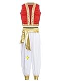 JEATHA Kids Boys Halloween Arabian Prince Costume Sleeveless Open Front Metallic Gold Trim Vest and Pants Set Red 10 Years