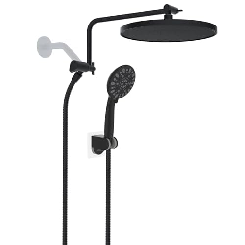Hibbent Metal Thickness Shower Head, 10'' High Pressure Rainfall Shower Head/Handheld Showerhead Combo with 12'' Adjustable Shower Extension Arm, 7-Spray, 71'' Hose, Showerhead Holder, Brush