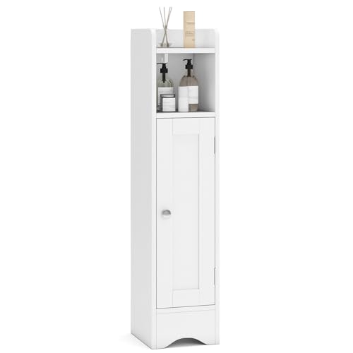 COSTWAY Slim Bathroom Floor Cabinet, Narrow Bathroom Storage Unit with Door and 4/5-Tier Shelves, Freestanding Toilet Paper Holder Cupboard Organiser for Small Space (2 Adjustable Shelves, White)