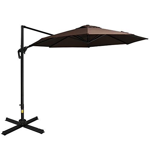 Outsunny 10Ft Offset Patio Umbrella With Base, Hanging Aluminum & Steel Cantilever Umbrella With 360° Rotation, Easy Tilt, 8 Ribs, Crank, Cross Base Included For Backyard, Poolside, Garden, Coffee #TOP8