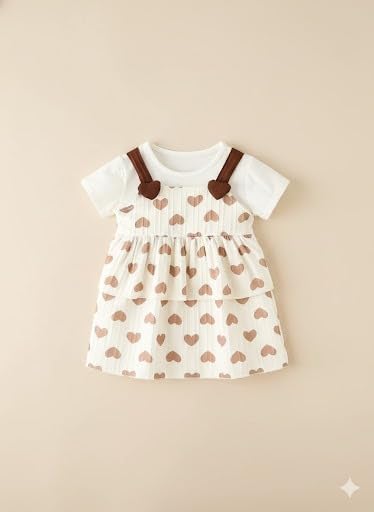 Image of A.T.U.N. (ALL THINGS UBER NICE) Baby Girls 100% Cotton Pinafore Dress with Inner Look Top | Cute Heart Print Design | Soft Touch Flared Fit | Comfortable Stylish Outfit for Babies