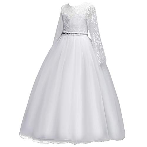 Girls 3/4 Sleeves Floor Length Tulle Vintage Lace Bridesmaid Wedding Dress Birthday Pageant Party Evening Gown3