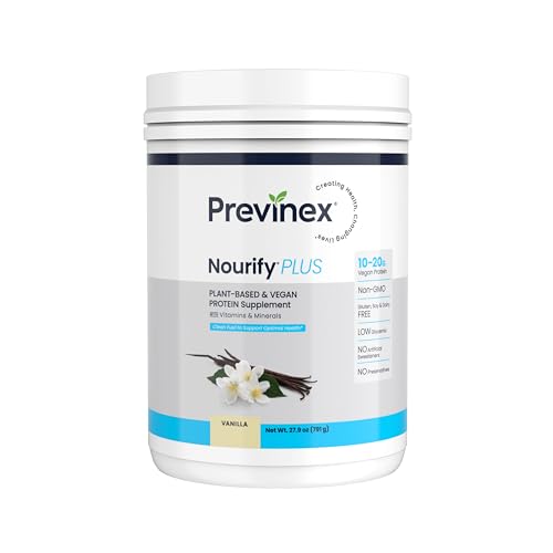 Previnex Nourify Plus Plant-Based Protein Shake - All Natural Vegan Protein Powder, High Protein & Low Sugar, Gluten Free, Soy Free & Dairy Free, Vanilla Protein Powder (27.7 oz)