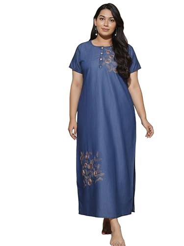 Image of 9shines Label Stylish Denim Cotton Nighty Maxi for Women | Full Length Trendy Nightgown | Premium Nightdress | Nightwear | Embroidery Nighty with Pocket (9SDS)