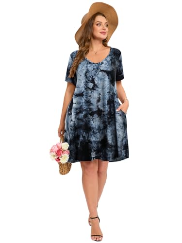 Image of ZENNILO Women's Plus Size Swing Dress with Pockets Casual Summer Dresses V Neck Short Sleeve T Shirt Dress for Women