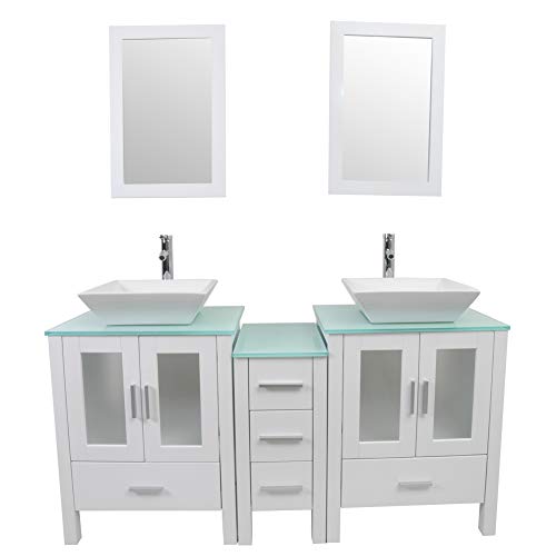 Tonyrena 60 Inch Bathroom Vanity In White With Mirror And Tempered Glass Countertop,Include White Square Vessel Sink Set #TOP5