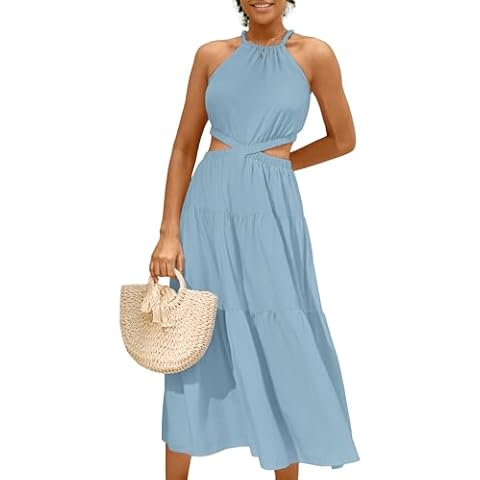 MIHOLL Women Vacation Dresses Summer Halter Neck Cutout Solid Color Tiered Tropical Flowy Sundress (Light Blue, Large) Cover