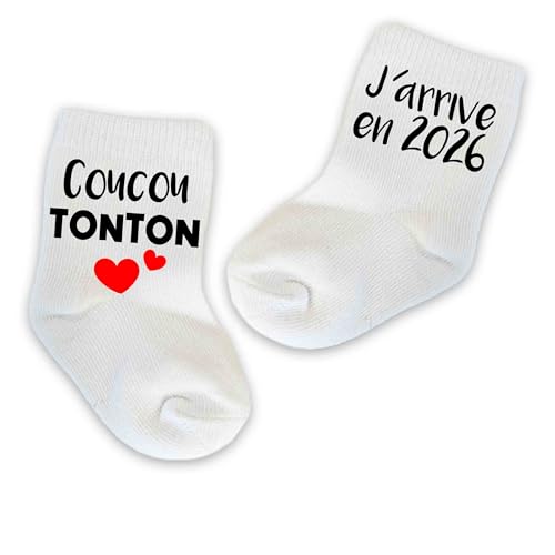 Chaussettes Annonce Grossesse Personnalisées – Cadeau Original Bébé 2025/2026 – Message Surprise Future Mamie, Papy, Marraine – Avec ou Sans Pochette Cadeau (Coucou TONTON j'arrive en 2026)