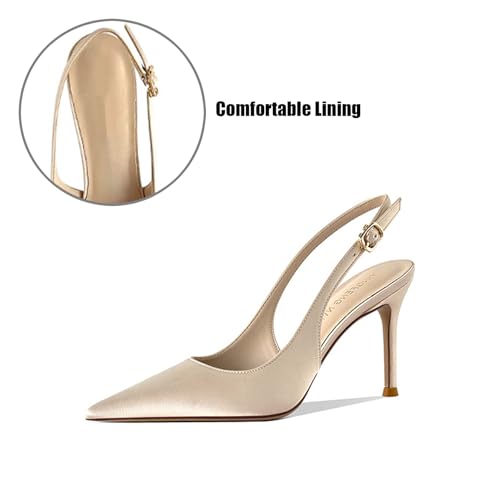 Women's Satin Stiletto Pointed Slingback Sexy Pumps with Adjustable Ankle Strap Fashion Skinny High and Mid Heel Pointed Close Toe Slip-On Dress Mules Sandals for Wedding Party Business4